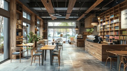 Modern minimalist cafe interior design with wooden tables and chairs