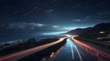 A serene coastal road at night.