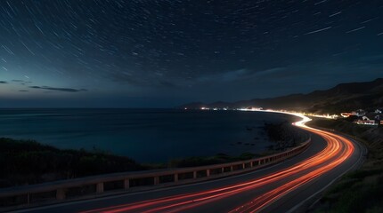 A serene coastal road at night.