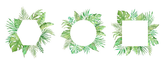 Watercolor tropical green leaves frames set