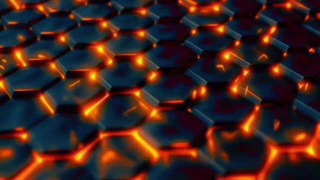 A grid of black hexagons that slowly pulse with an orange glow, where each hexagon lights up and dims in a synchronized wave pattern, 4K black background High-Quality Animation Video