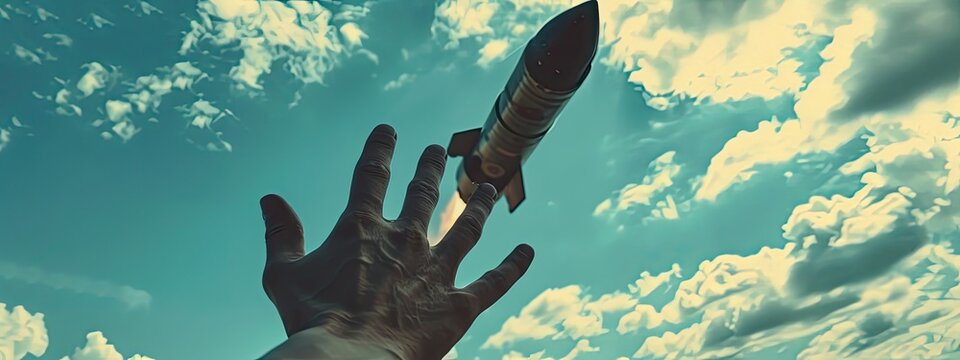 A man's hand holds a rocket. Selective focus.