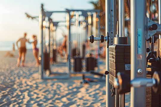Outdoor beach gym, with exercise machines and equipment and out of focus figures in the background during a morning workout.