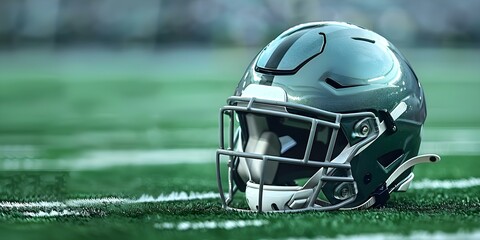 Ready for Kickoff: Football Helmets on Green Turf at Sports Field. Concept Sports Photography, Football Gear, Athletic Photos, Game Day Ready, Gridiron Action