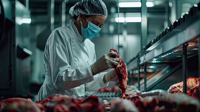 A man in a protective suit checks meat. Selective focus.