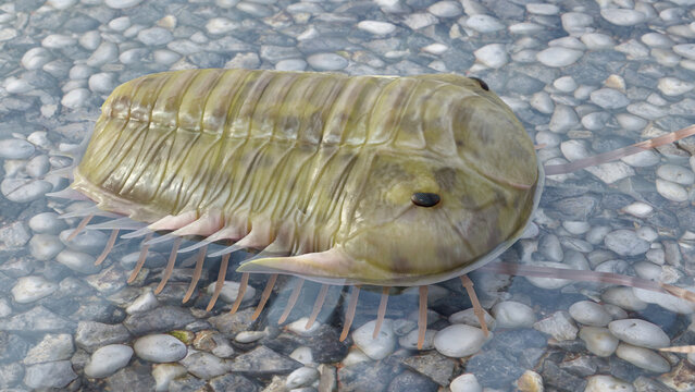 A 3D illustration of the extinct Trilobite Paradoxides on a pebble beach 500 million years ago.