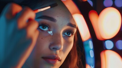 An image of a woman looking into a mirror with a digital overlay showing her how to achieve the perfect winged eyeliner with augmented reality assistance.