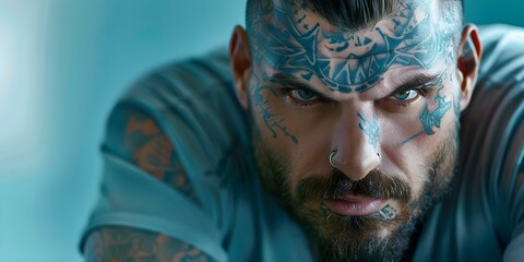 A man with striking facial tattoos exudes a powerful and captivating presence. Concept Portrait Photography, Tattoo Artistry, Unique Style, Bold Expression, Strong Character