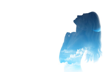 Silueta de mujer con paisaje de nubes y media luna en doble exposición, en fondo blanco y espacio...