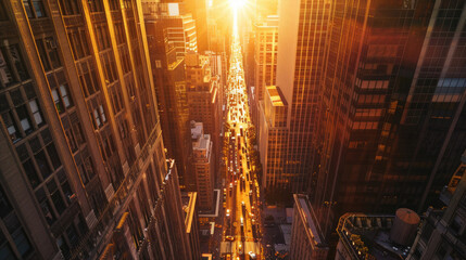 Obraz premium Top View of Skyscrapers in Golden Glow