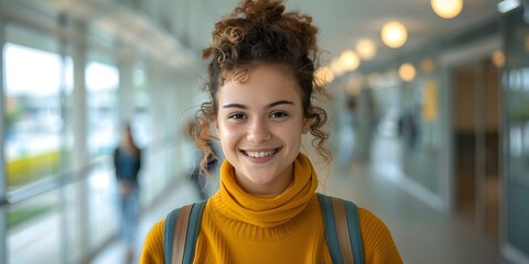 Fototapeta premium Embracing Learning Joyfully: A Cheerful Student Radiating Positivity in a School Corridor. Concept School Life, Positive Attitude, Learning Environment, Student Portraits, Educational Journey