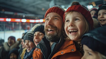 Joyful Family Enjoying a Winter Sports Game at Ice Hockey Arena