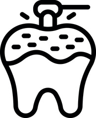 Illustration of dental filling icon in black and white vector line art for oral health care, dentist treatment, cavity repair, and tooth restoration, depicting enamel protection and hygiene practice