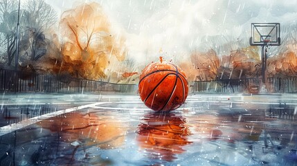 Watercolor painting of a basketball on an outdoor court, soft brush strokes and warm colors creating a dynamic and energetic feel, Watercolor, Illustration 8K , high-resolution, ultra HD,up32K HD
