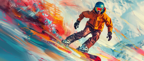 Snowboarder in Mid-Air Jump Over Colorful Abstract Mountains