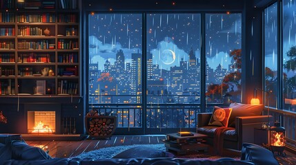 Cozy Interior with Fireplace and Armchair Overlooking a Rainy Cityscape at Night Through Large Windows