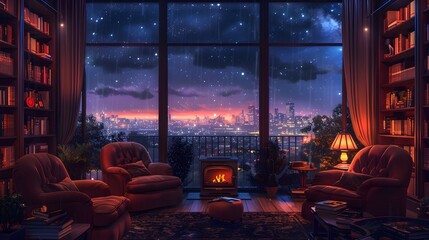 Cozy Interior with Fireplace and Armchair Overlooking a Rainy Cityscape at Night Through Large Windows