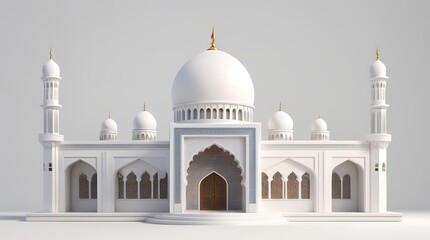 Obraz premium 3D rendering of a simple miniature mini mosque front view on a bright white background