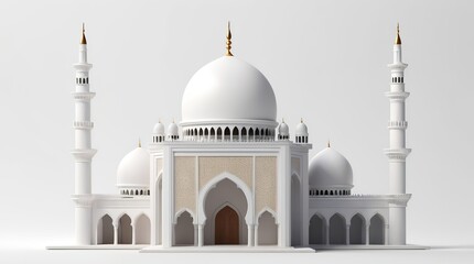 Fototapeta premium 3D rendering of a simple miniature mini mosque front view on a bright white background