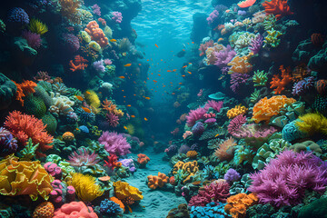 Background underwater coral reef with vibrant colors like coral pink, turquoise, and seafoam green, with intricate coral formations and tropical fish creating a colorful and lively underwater world.