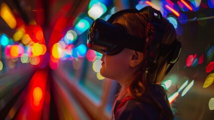A childs face lights up in wonder as they watch a virtual reality simulation of a train journey through the countryside.