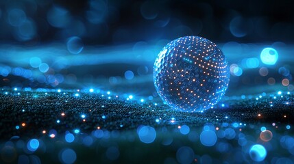Illustration of a hightech golf ball with glowing circuits, placed on a futuristic turf with ambient lighting, AI, Digital Art 8K , high-resolution, ultra HD,up32K HD