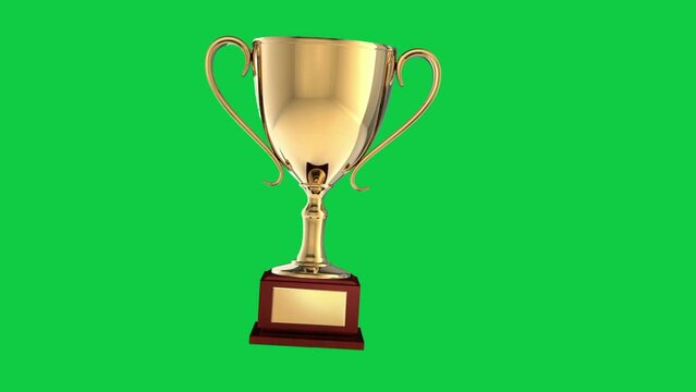 3d gold trophy cup isolated on green screen background. Animation 4k video.
