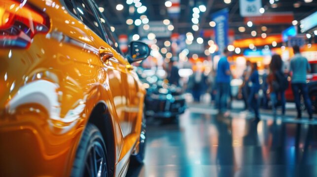 Close-up shot of a vibrant orange car at a bustling auto show with blurred people and bright lights in the background.