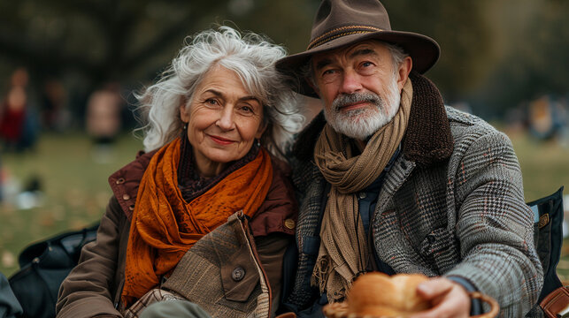 Middle-aged man and woman are seated on blanket in park. Picnik together outdoors