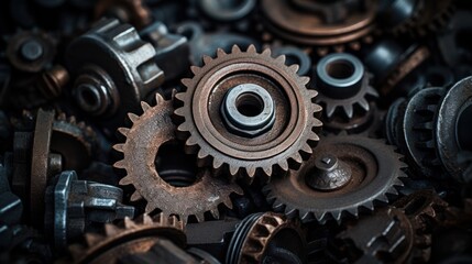 close-up shot of weathered industrial tools and gears, 