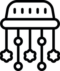 Minimalist black and white baby crib mobile icon with hanging toys, perfect for nursery room graphic design and infant decoration. Vector line art symbol for modern parenting and child care