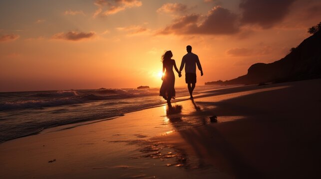 a couple walking hand-in-hand along a secluded beach at sunset 
