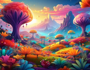 Dream landscape, whimsical forest with glowing plants