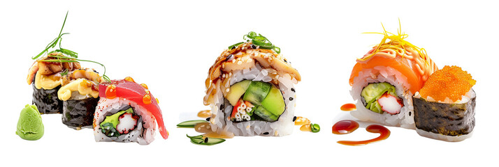 set of sushi rolls with various fillings and garnishes, isolated on transparent background