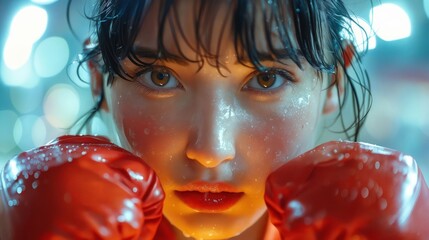 A woman in boxing gloves looking at the camera.