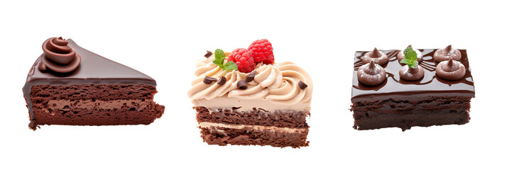 set of dessert, including chocolate cake, isolated on transparent background