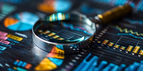 Analyzing trends in industrial data through a magnifying glass. Concept Industrial Data Trends, Data Analysis, Magnifying Glass, Automation Insights, Manufacturing Trends