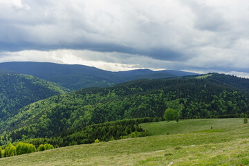 landscape with mountains and clouds green forest carpathians 