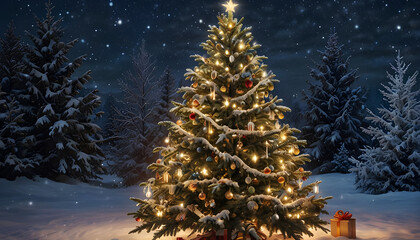 A Christmas tree stands tall in the background, adorned with sparkling lights and shimmering ornaments, casting a warm glow over the winter wonderland. Generative Ai