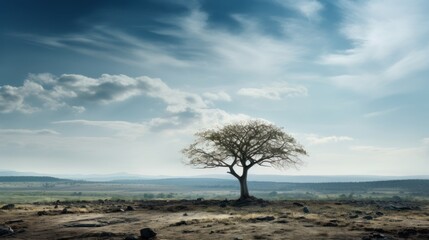 a lone tree standing amidst a vast expanse of deforestation, 