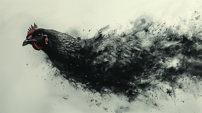 Abstract ink illustration of a chicken black and white background