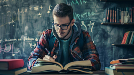 A young man studying diligently, writing notes from a book in a classroom with a chalkboard filled with mathematical equations. Perfect for campaigns promoting education and academic success