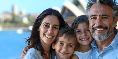 Portrait of happy 40s man with family at Sydney Opera House. Concept Family Photography, Travel...