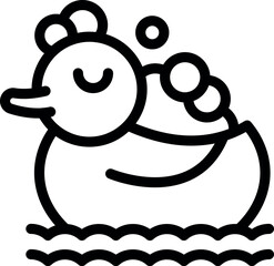 Black and white line drawing of a classic rubber duck with bubbles, perfect for coloring books