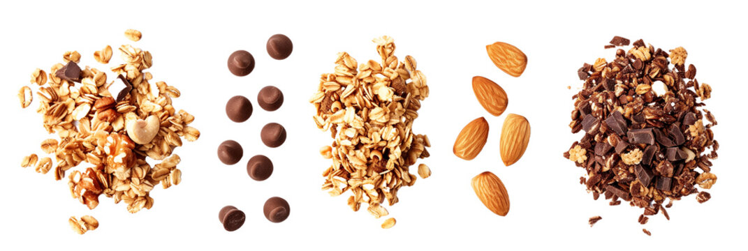 set of granola, including nut and chocolate, isolated on transparent background