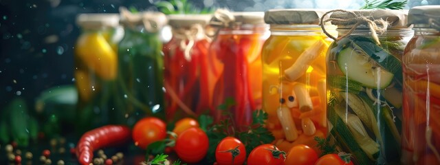 Preserving various vegetables in jars. Selective focus.