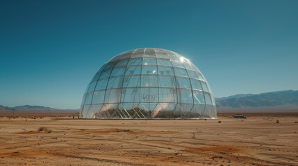 Obraz premium A high-tech agricultural dome surrounded by barren desert, showcasing the struggle to grow crops in a warmer future.