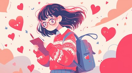 A charming girl clad in a cozy sweater adorned with heart print clutching a notebook and pen while a breeze playfully carries heart shaped patterns around her Illustrated in a delightful ca