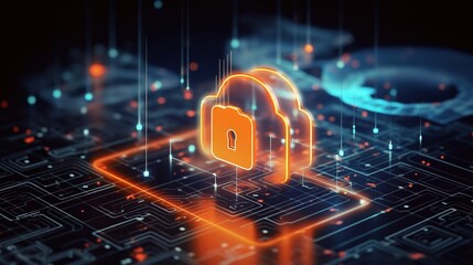 Fototapeta premium A digital illustration of an illuminated cloud icon with a padlock, floating above glowing circuit lines in the background