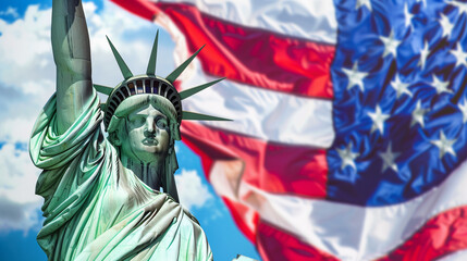 Fototapeta premium copy space, stockphoto, Statue of Liberty, american flag in the background, 4th july independence day. American symbol of freedom. 4th of july mockup.
